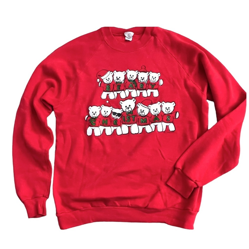 Vintage 80s ‘Beary Christmas’ Red Raglan Holiday Ugly Christmas Sweatshirt